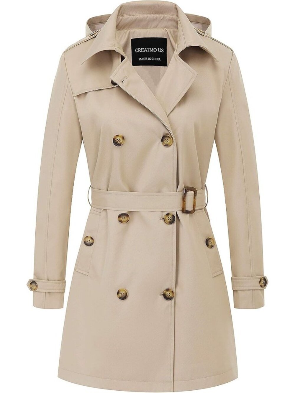 Women's Khaki Polyester Double Breasted Lapel Belted Detachable Hood Trench Coat